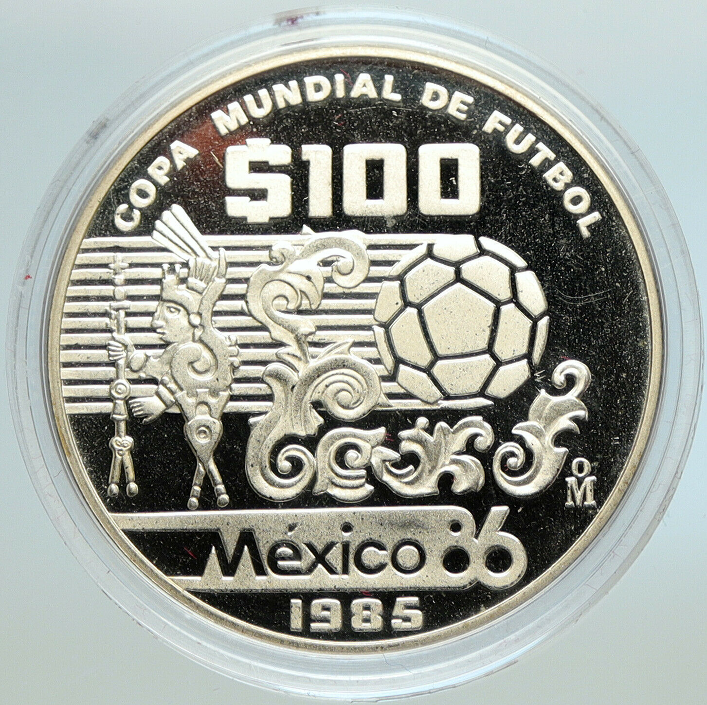 1985 Mo MEXICO FIFA World Cup 1986 Football Proof Silver 100 Peso Coin i105602