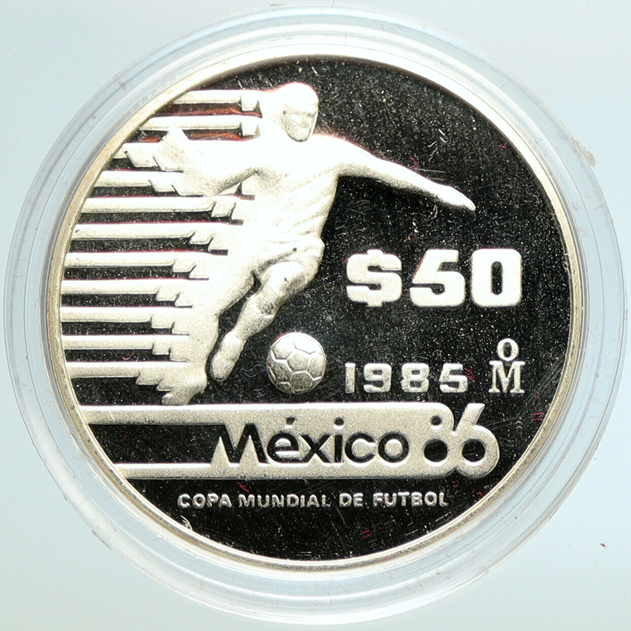 1985 MEXICO FIFA World Cup 1986 Football Soccer PRF Silver 50 Peso Coin i105601