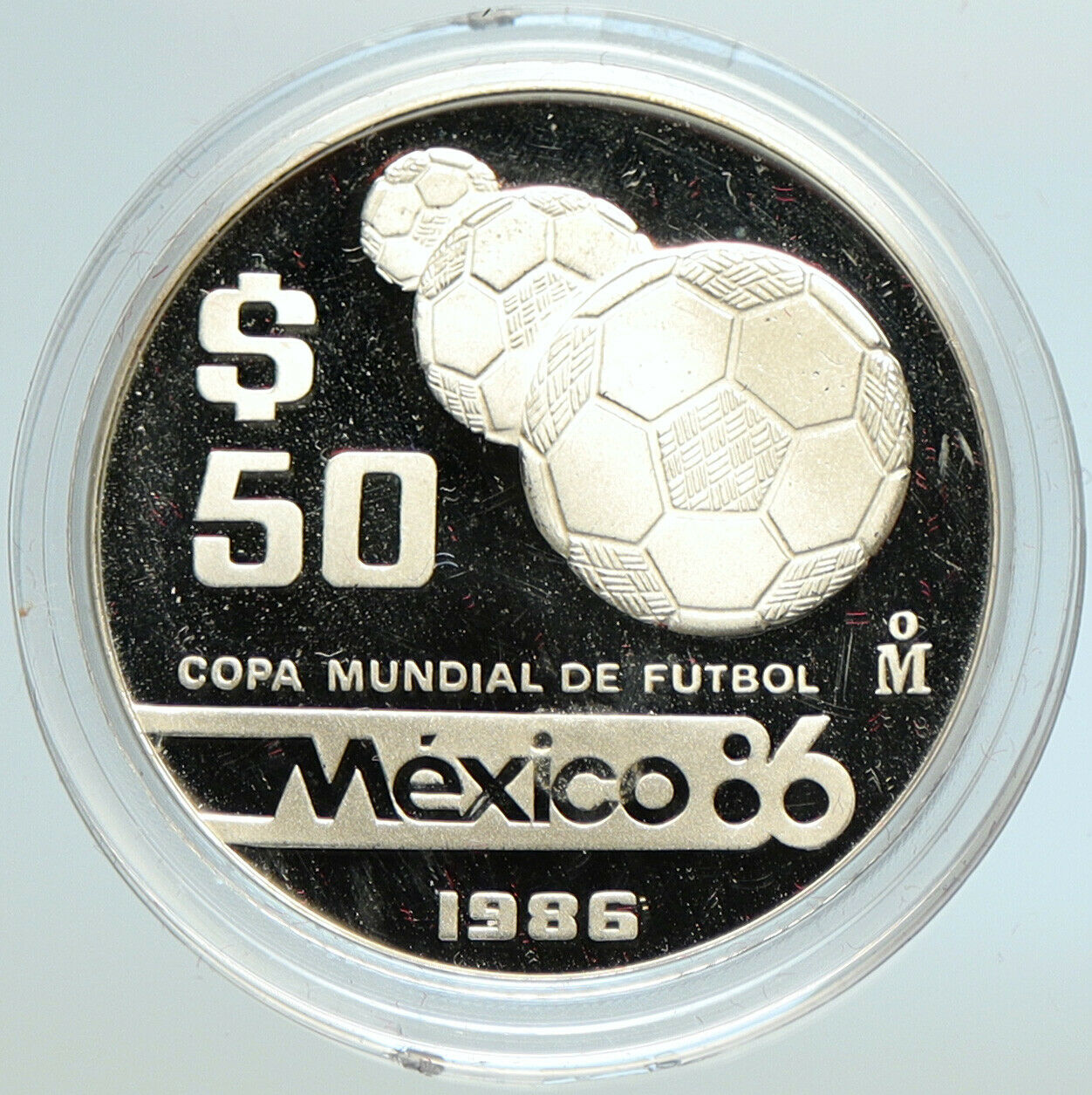 1985 MEXICO FIFA World Cup 1986 Football Soccer PRF Silver 50 Peso Coin i105599