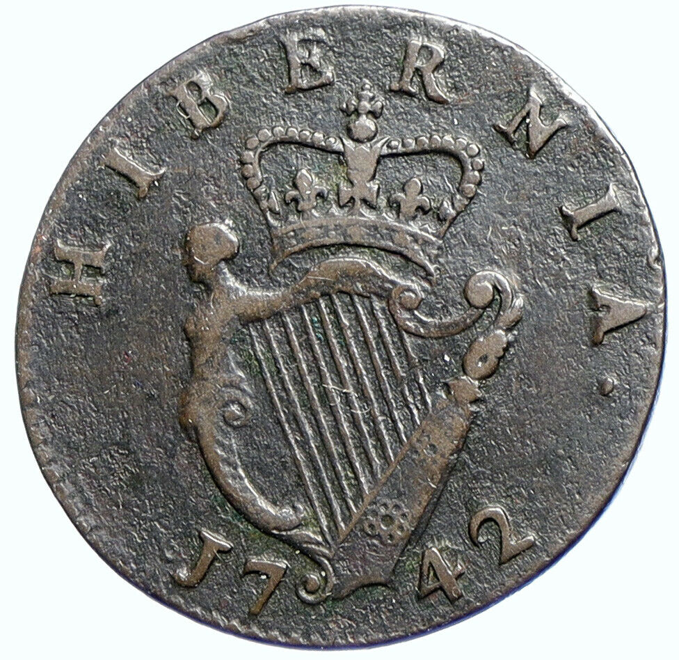 1742 IRELAND UK King George II Antique Lyre VINTAGE OLD 1/2 Penny Coin i105637