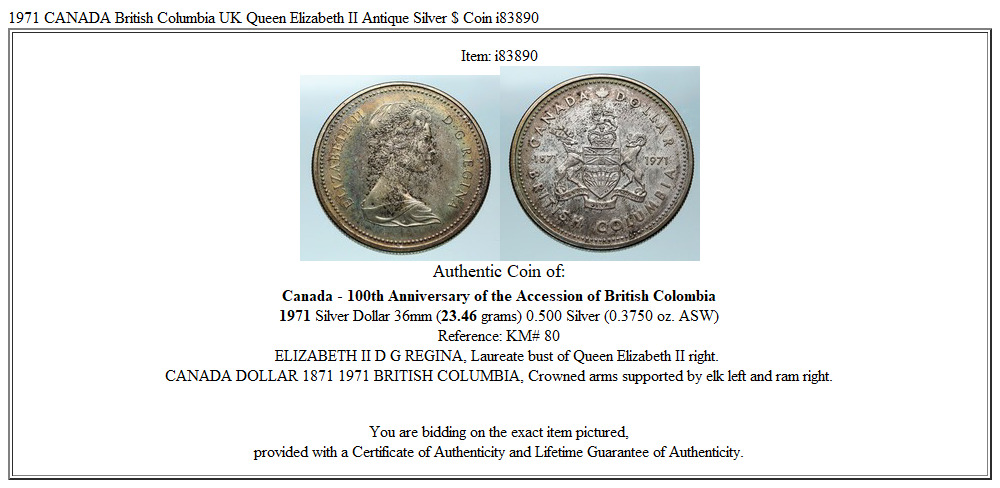 1971 CANADA British Columbia UK Queen Elizabeth II Antique Silver $ Coin i83890