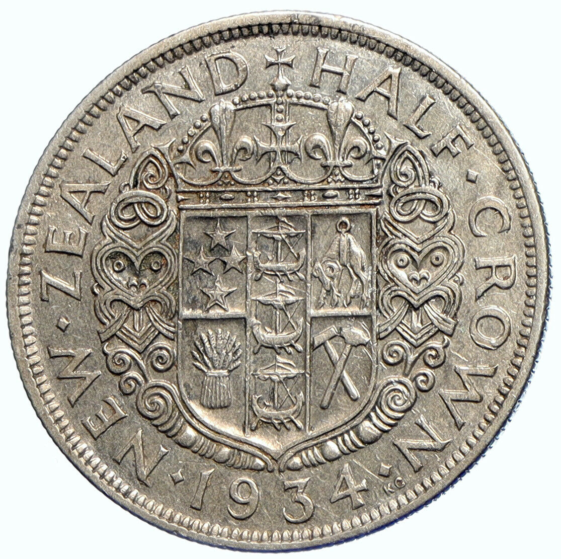 1934 NEW ZEALAND UK King George V Genuine Antique Silver Half Crown Coin i105631