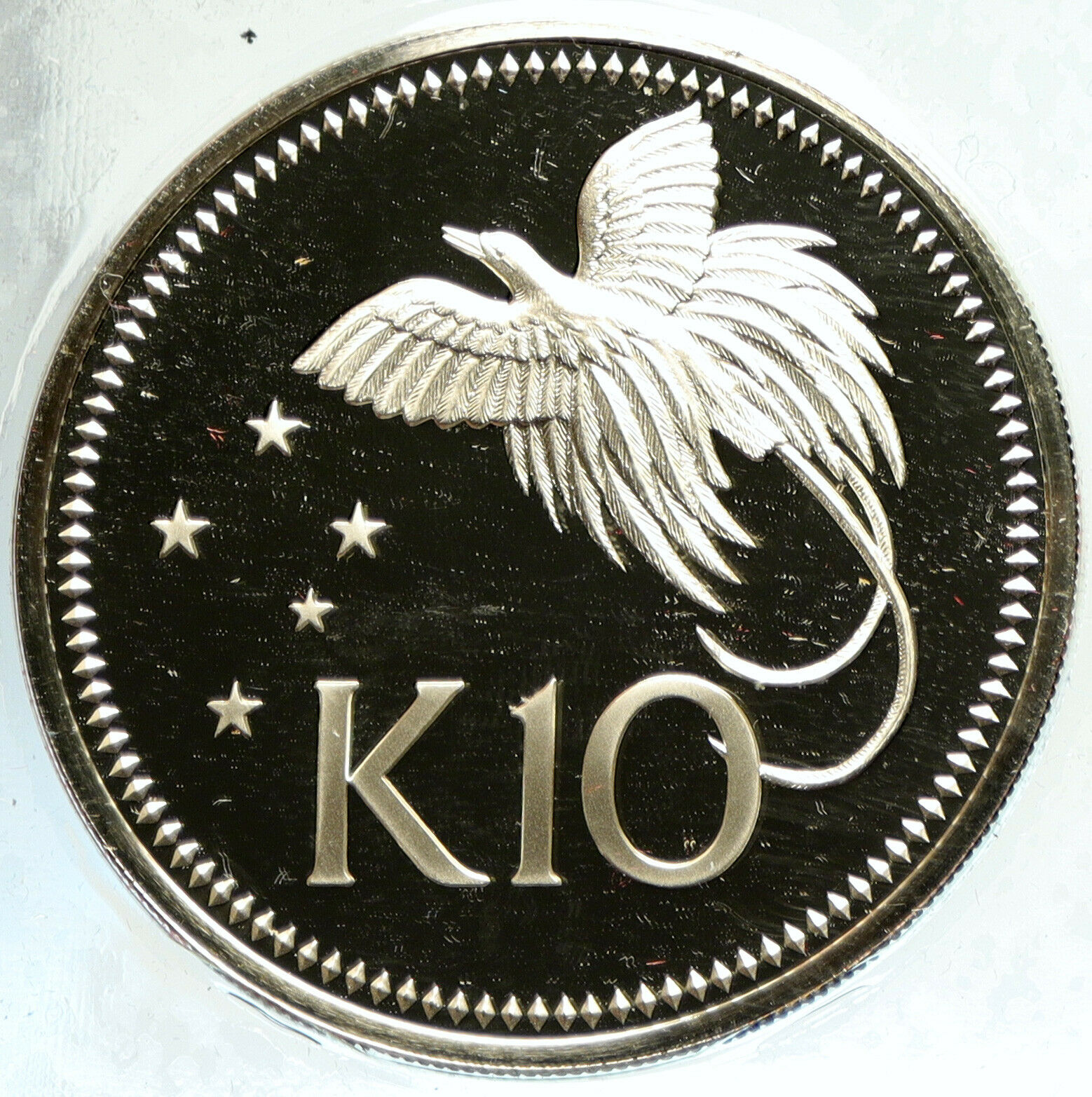 1975 PAPUA NEW GUINEA Large 4.5CM Exotic Bird Proof Silver 10 Kina Coin i104896