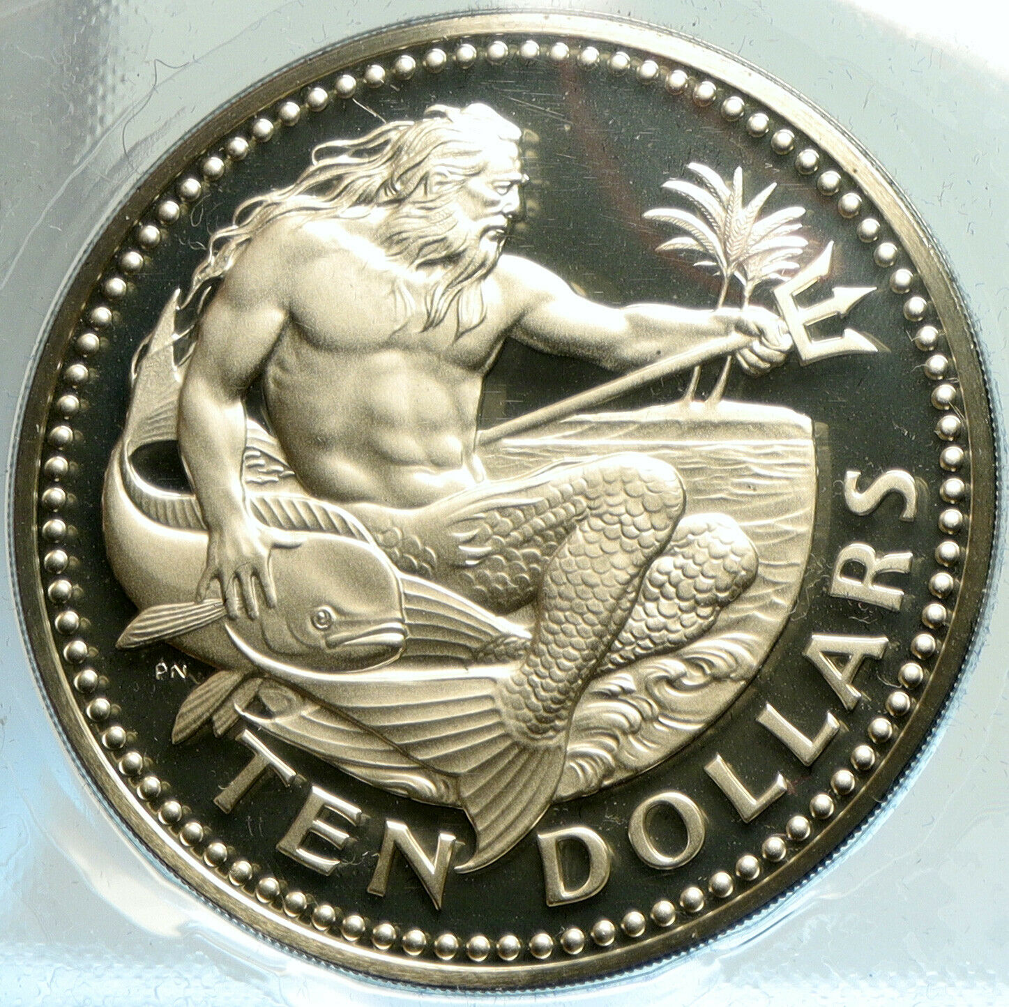 1973 BARBADOS Huge VINTAGE NEPTUNE Old Proof Silver 10 Dollars Coin i104910