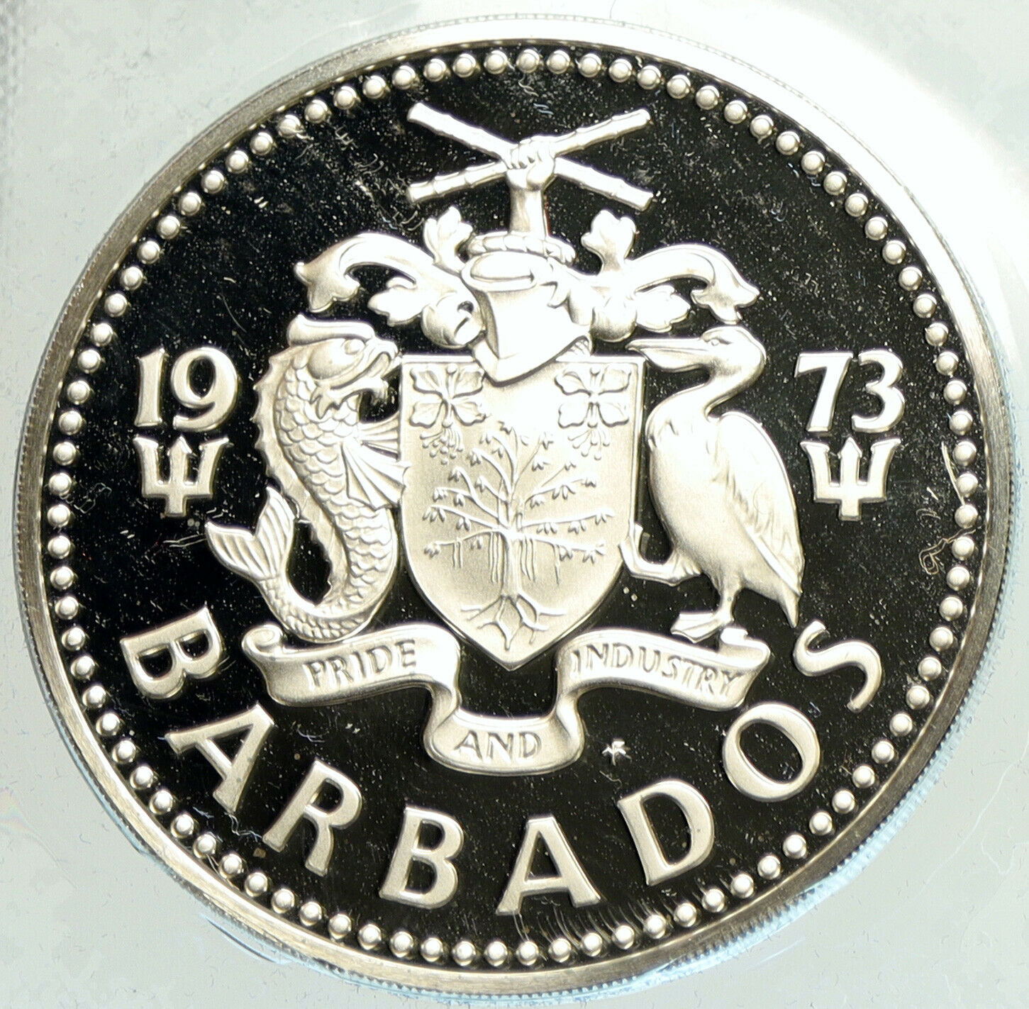 1973 BARBADOS Huge VINTAGE NEPTUNE Old Proof Silver 10 Dollars Coin i104910