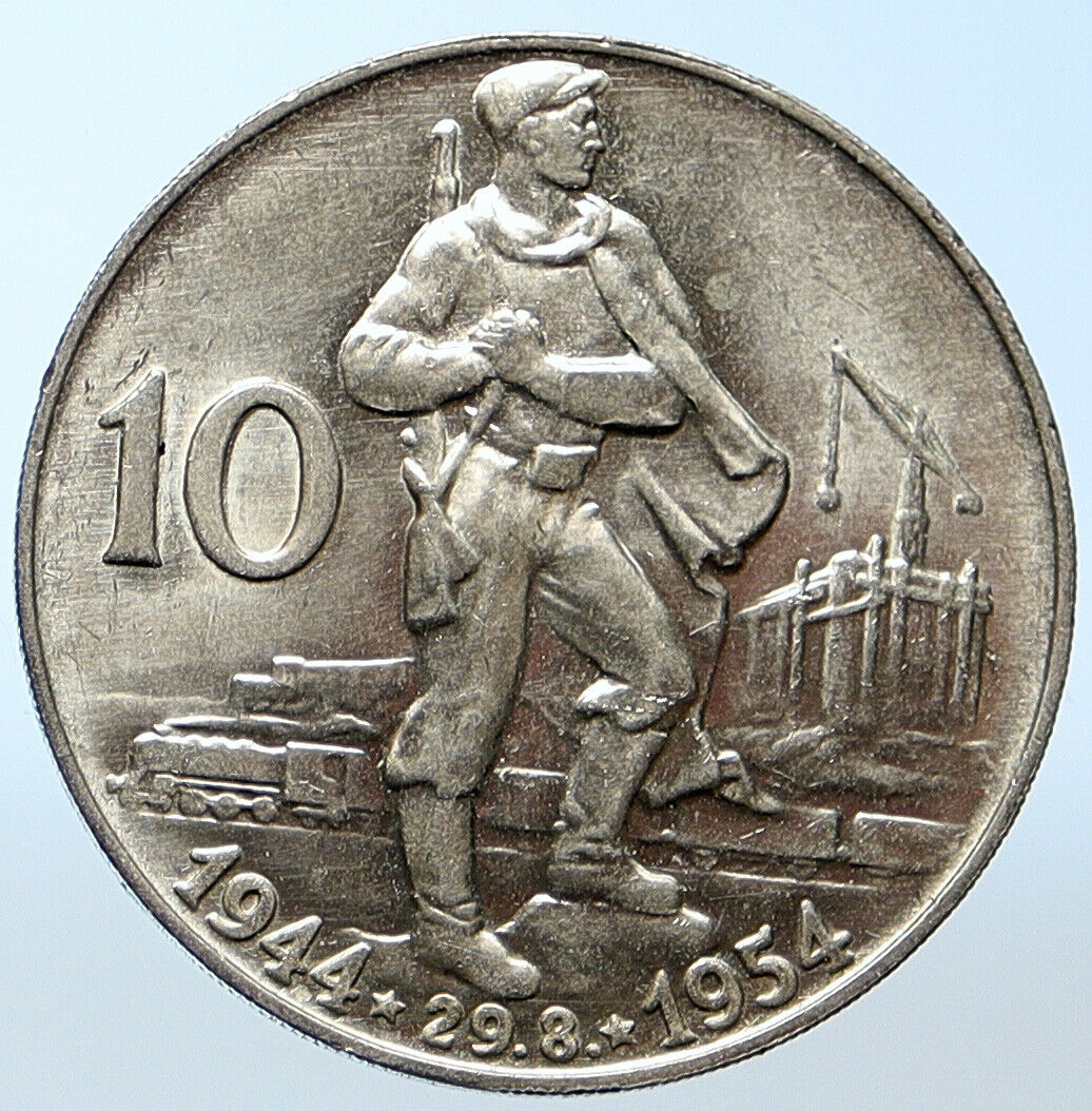 1954 CZECHOSLOVAKIA Partisan Soldier SLOVAK UPRISING Silver 10 Kor Coin i104764