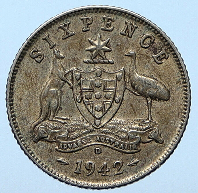 1942 D AUSTRALIA King George VI Kangaroos Antique Silver Sixpence Coin i104770