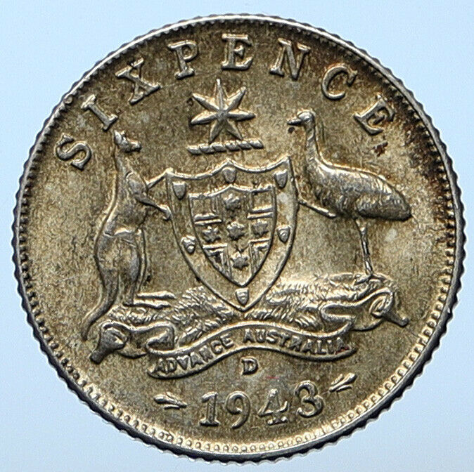 1943D AUSTRALIA King George VI Kangaroos Antique Silver Sixpence Coin i104767