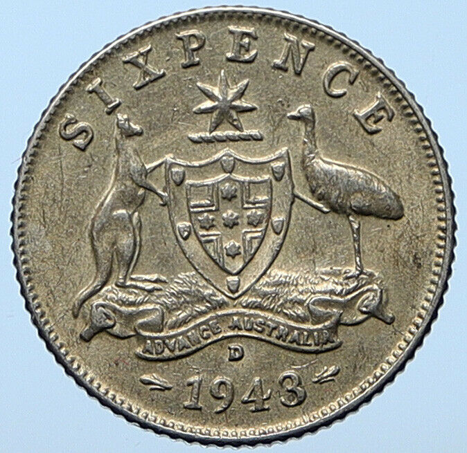 1943 D AUSTRALIA King George VI Kangaroos Antique Silver Sixpence Coin i104771