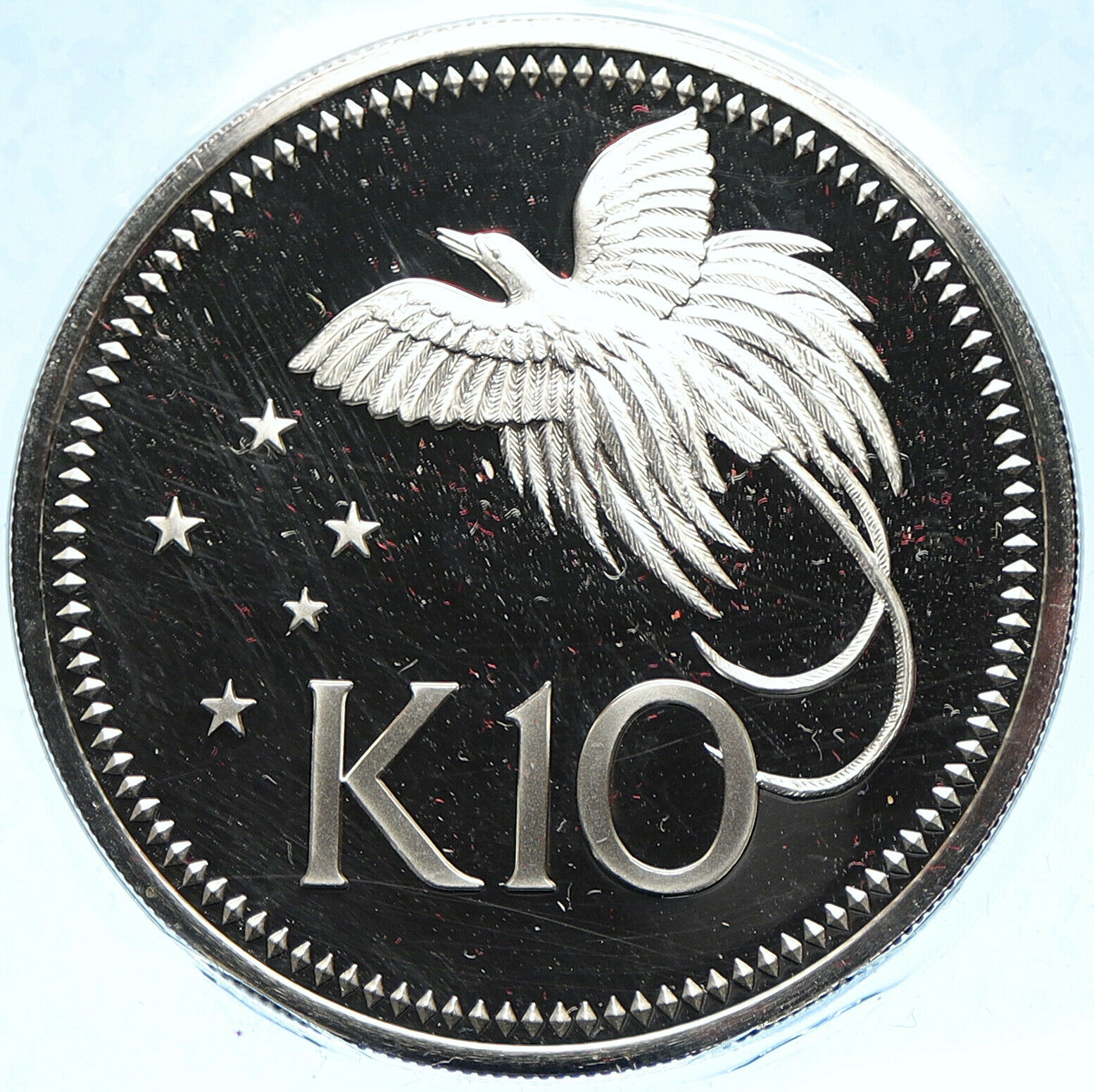 1975 PAPUA NEW GUINEA Large 4.5CM Exotic Bird Proof Silver 10 Kina Coin i104780