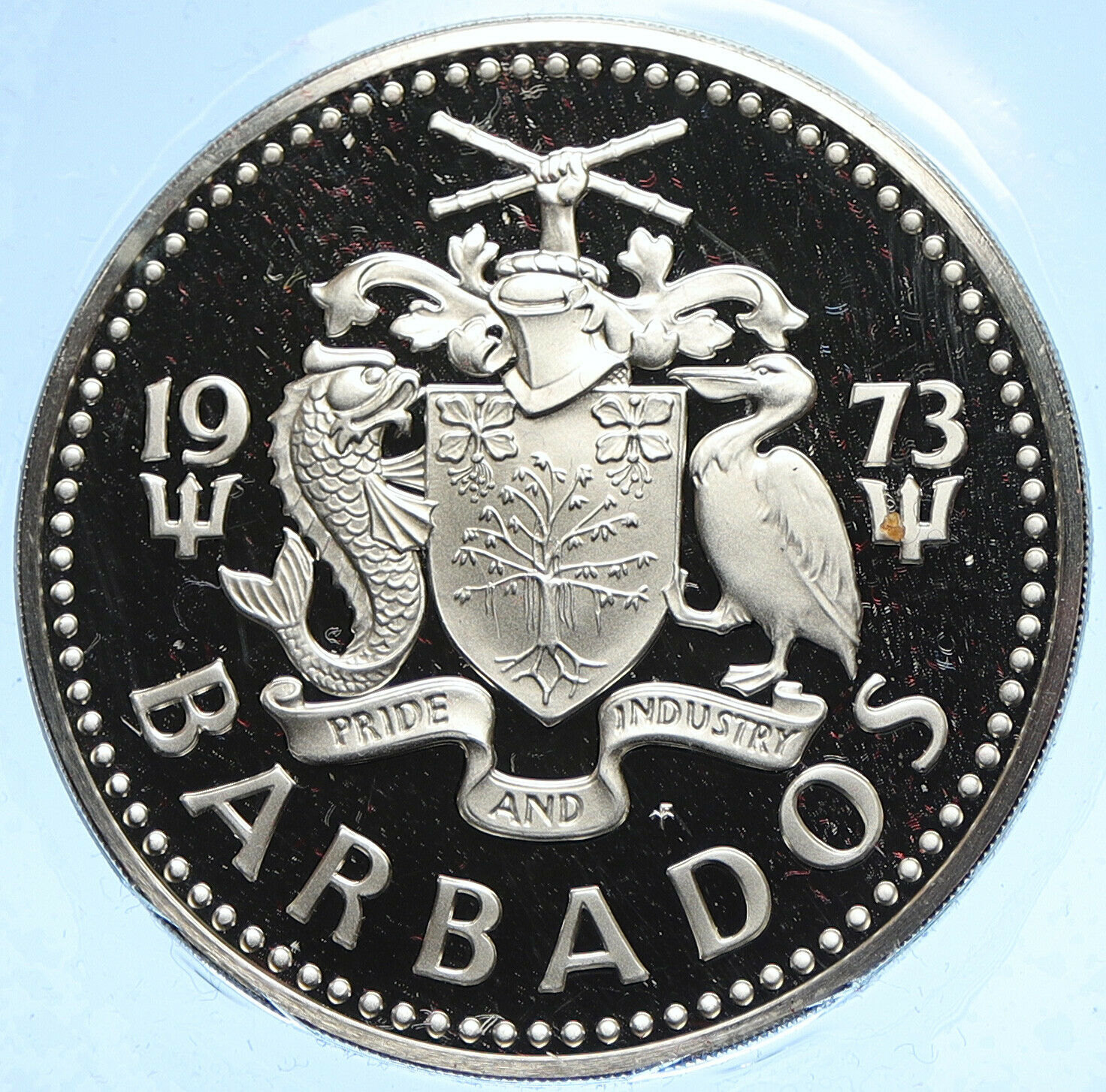 1973 BARBADOS Huge VINTAGE NEPTUNE Old Proof Silver 10 Dollars Coin i104784