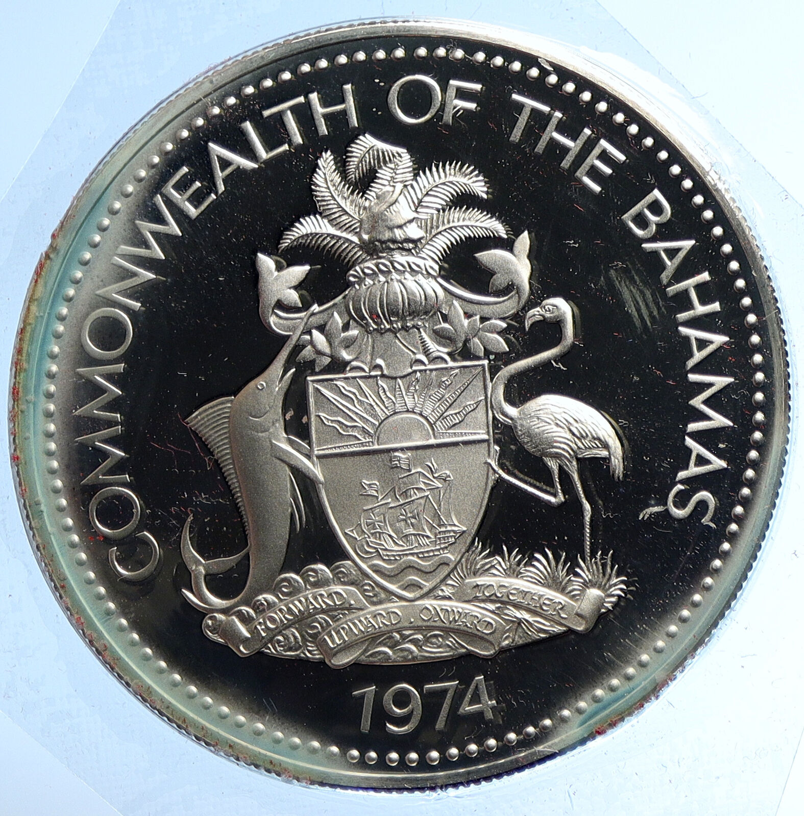 1974 BAHAMAS UK Queen Elizabeth II FLAG Old Proof Silver Coin $5 Coin i104805