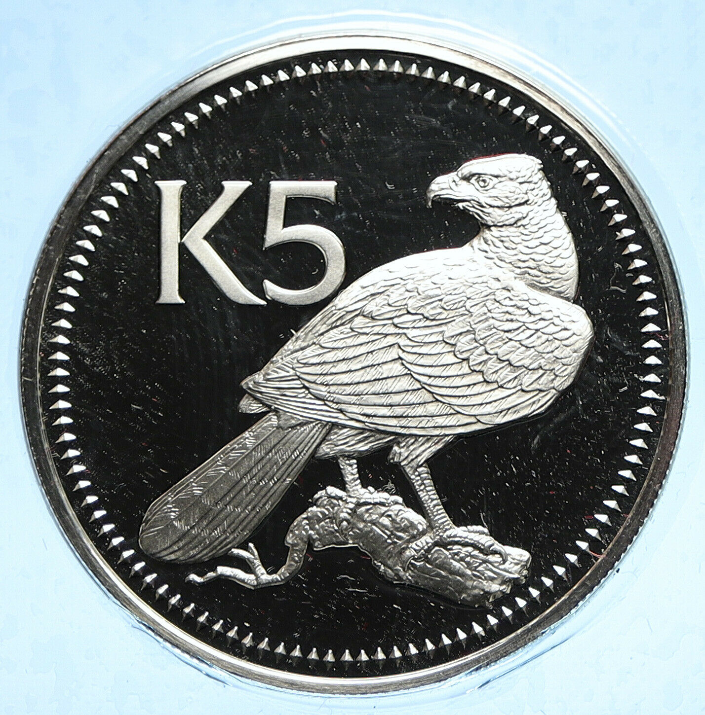 1975 PAPUA NEW GUINEA w PAPUAN Harpy EAGLE Old Proof Silver 5 Kina Coin i104788