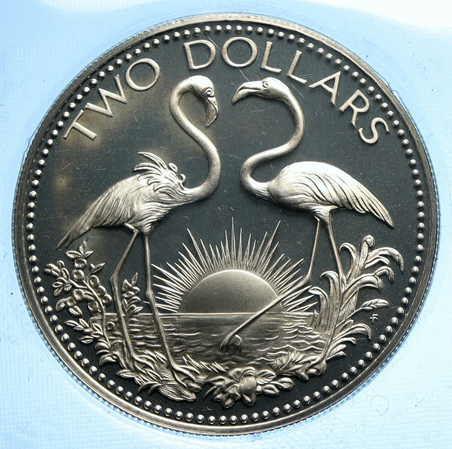 1975 BAHAMAS Islands TWO FLAMINGOS Vintage Proof Silver 2 Dollars Coin i104801