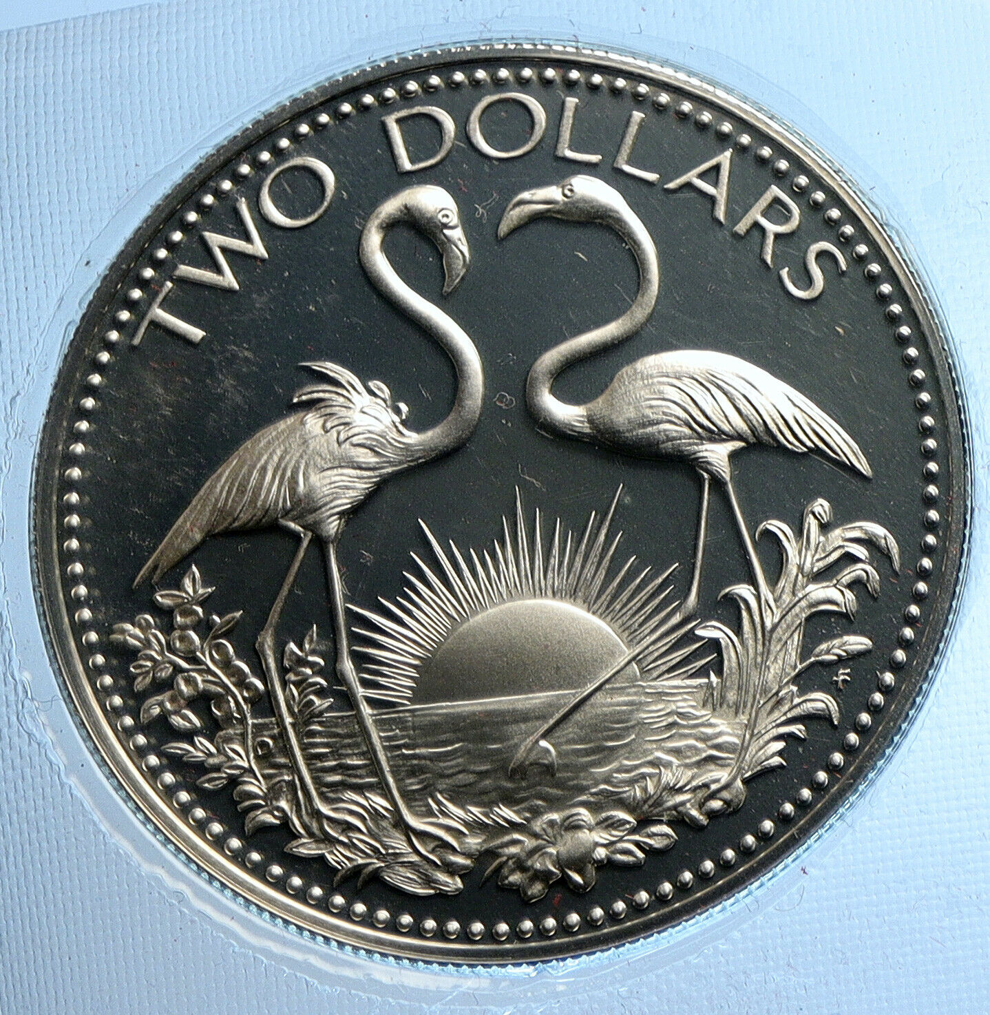 1975 BAHAMAS Islands TWO FLAMINGOS Vintage Proof Silver 2 Dollars Coin i104806