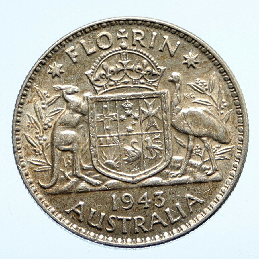 1943M AUSTRALIA Large King George VI Kangaroos VINTAGE Silver Florin Coin i94437