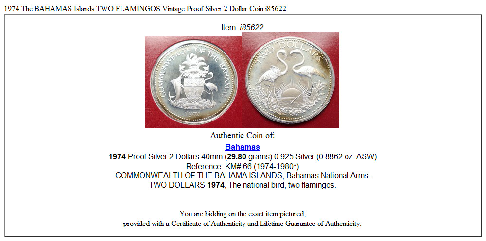 1974 The BAHAMAS Islands TWO FLAMINGOS Vintage Proof Silver 2 Dollar Coin i85622