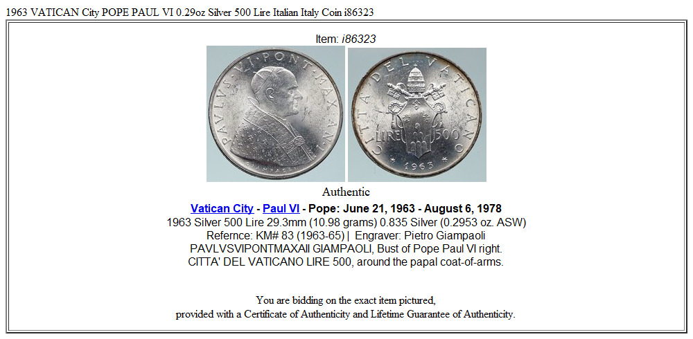 1963 VATICAN City POPE PAUL VI 0.29oz Silver 500 Lire Italian Italy Coin i86323