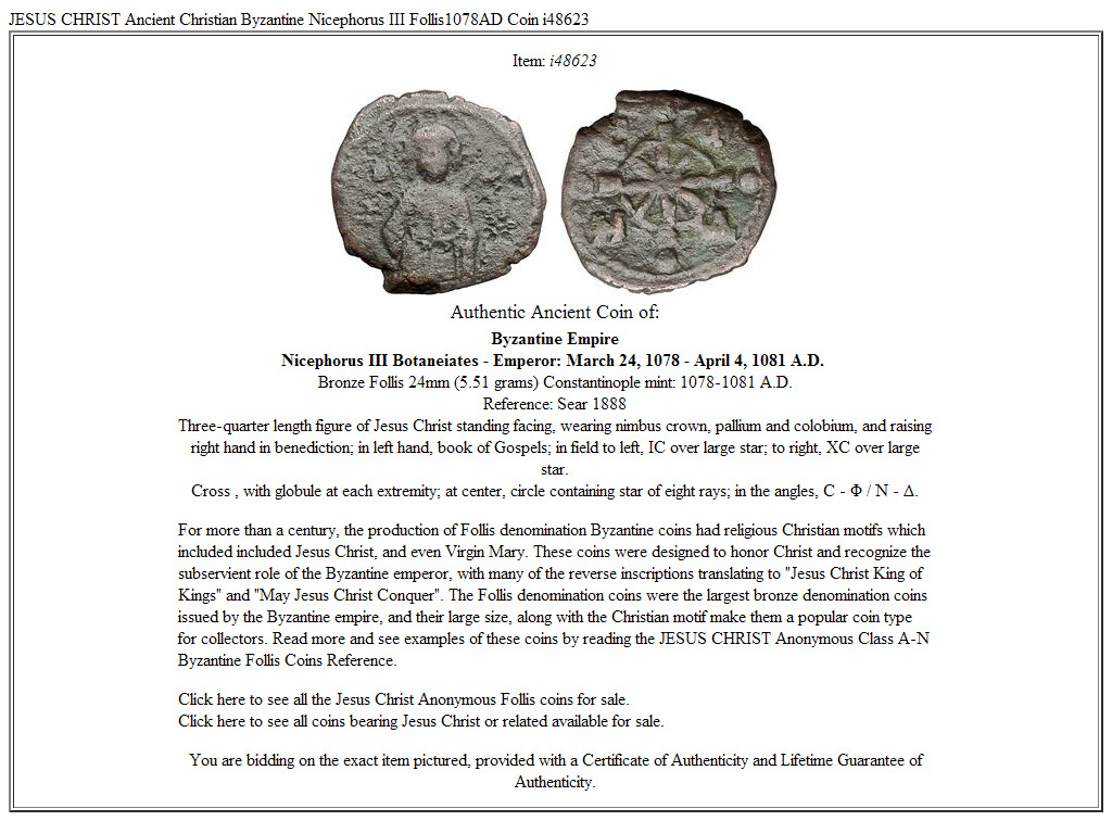 JESUS CHRIST Ancient Christian Byzantine Nicephorus III Follis1078AD Coin i48623