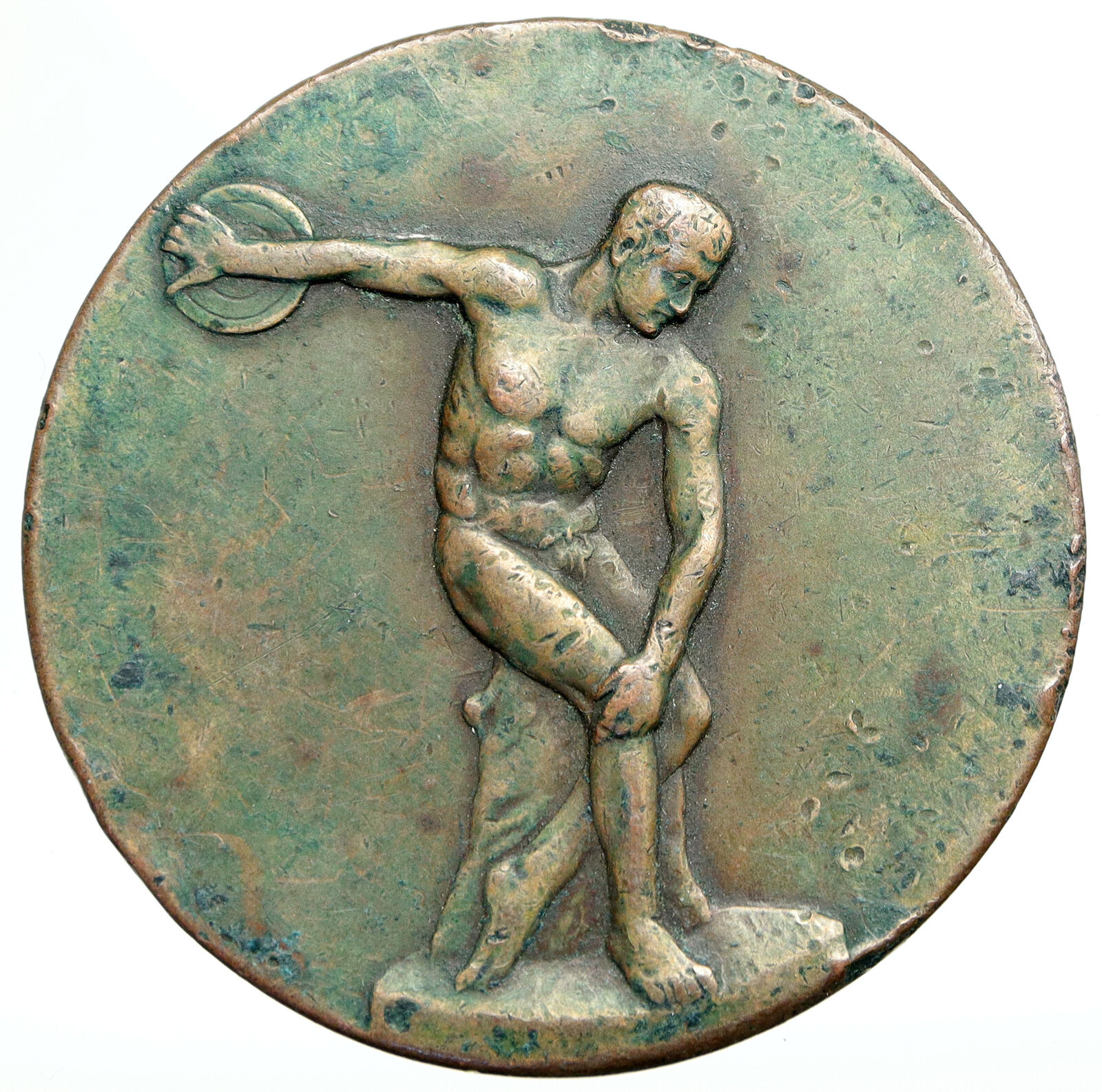 EASTERN EUROPE Olympic Style GREEK DISC THROWER ATHLETE Old Bronze Medal i91932