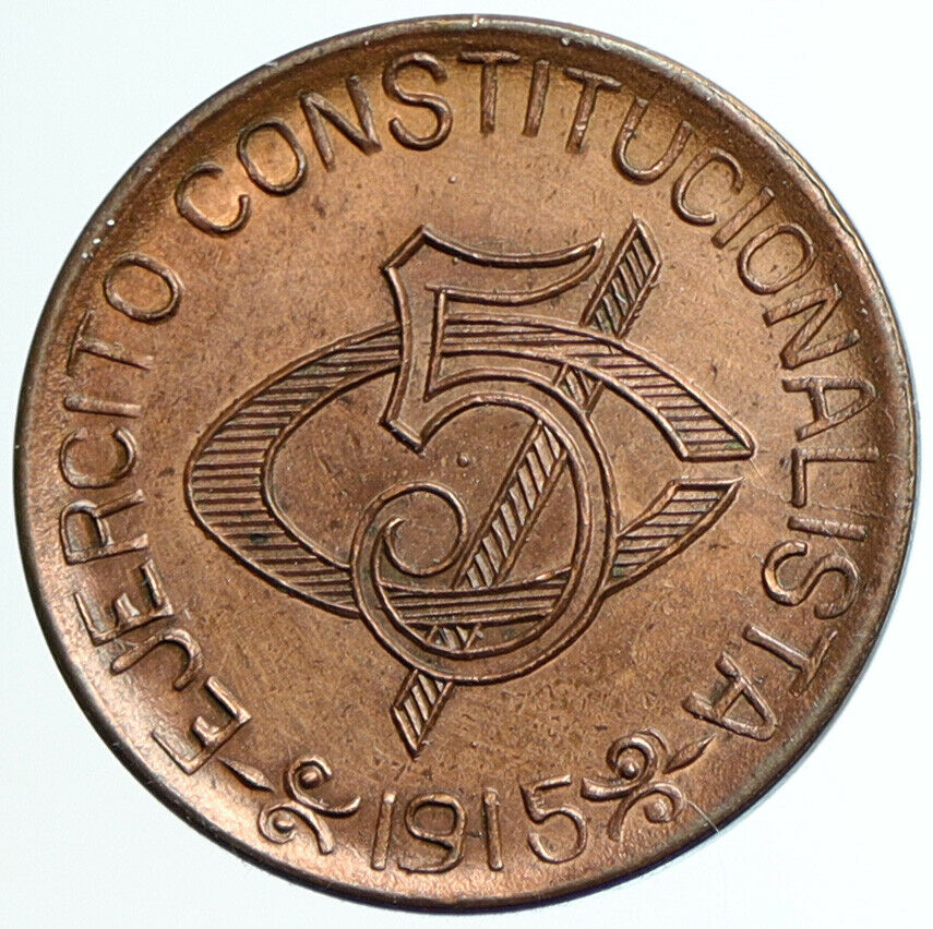 1915 MEXICO Revolution CHIHUAHUA Constitutionalist Army 5 Centavo Coin i105531