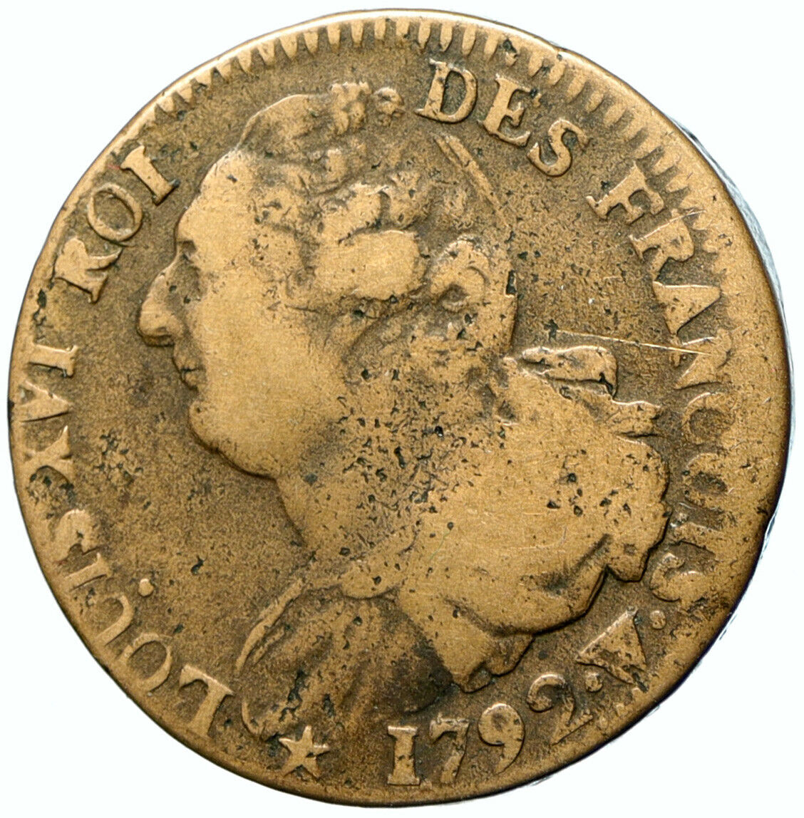 1792 W FRANCE King LOUIS XVI Antique Vintage OLD French 2 Sols Coin i105535