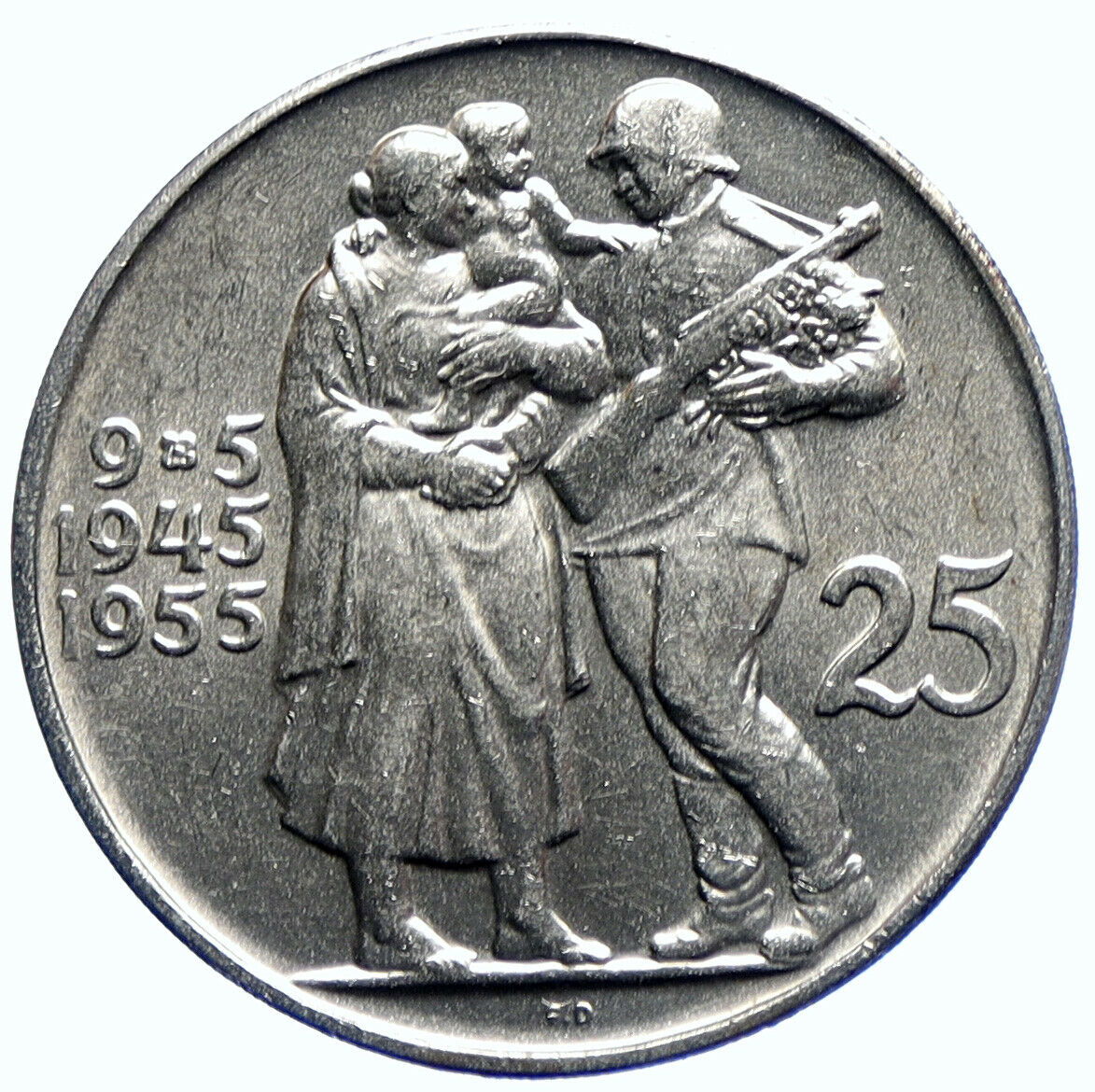 1955 CZECHOSLOVAKIA Czech Soldier Family LIBERATION Silver 25 Korun Coin i104749