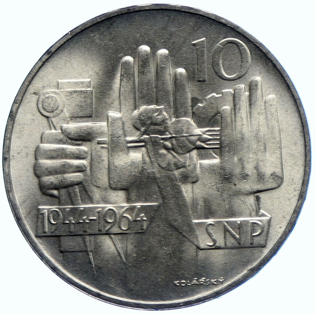 1964 CZECH REPUBLIC Three Hands Linden Old Genuine Silver 10 Korun Coin i104756