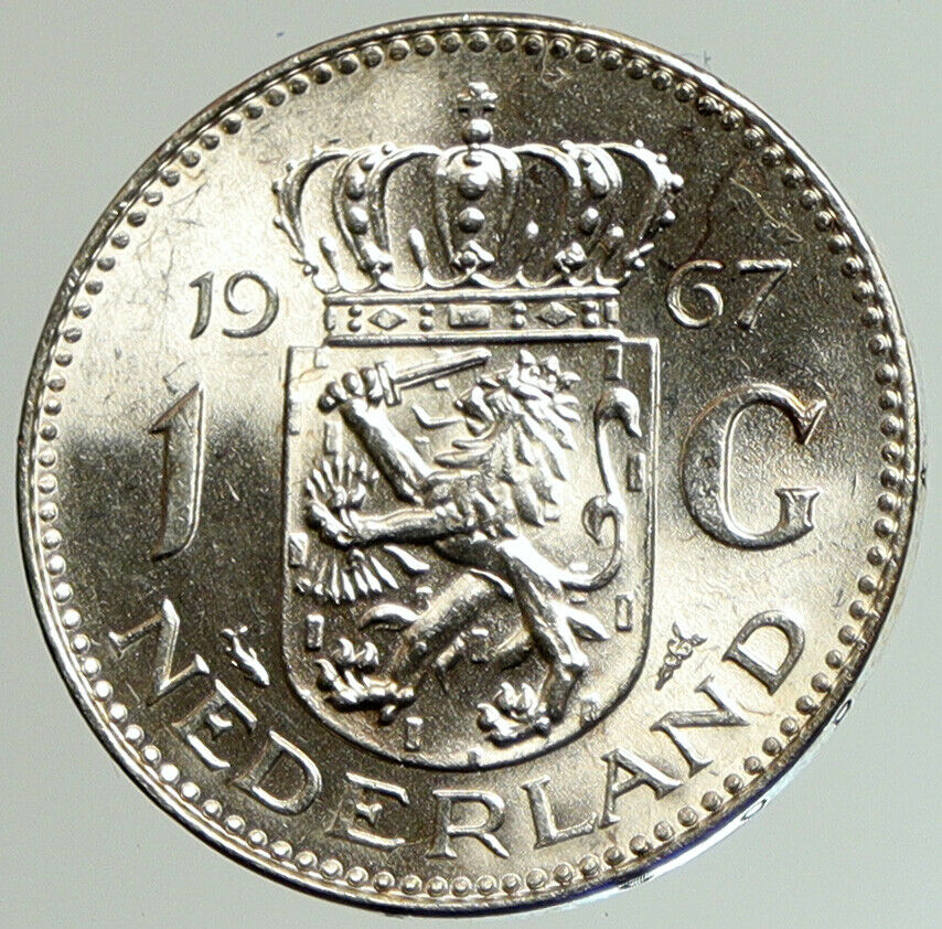 1967 NETHERLANDS Kingdom Queen JULIANA Vintage OLD Silver 1 Gulden Coin i105188