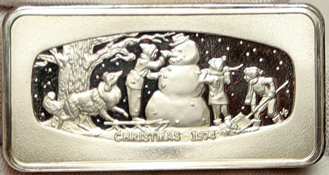 1974 UNITED STATES US Franklin Mint CHRISTMAS 1 OZ OLD Silver BAR Medal i101012