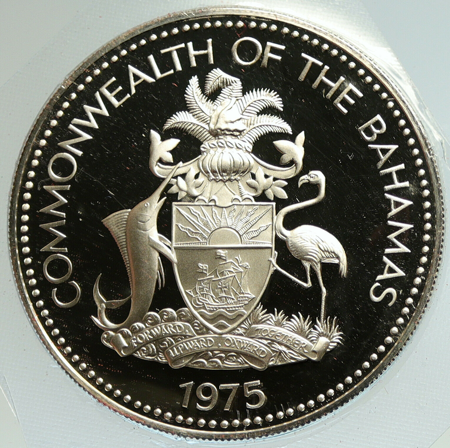 1974 BAHAMAS UK Queen Elizabeth II FLAG Old Proof Silver Coin $5 Coin i104923