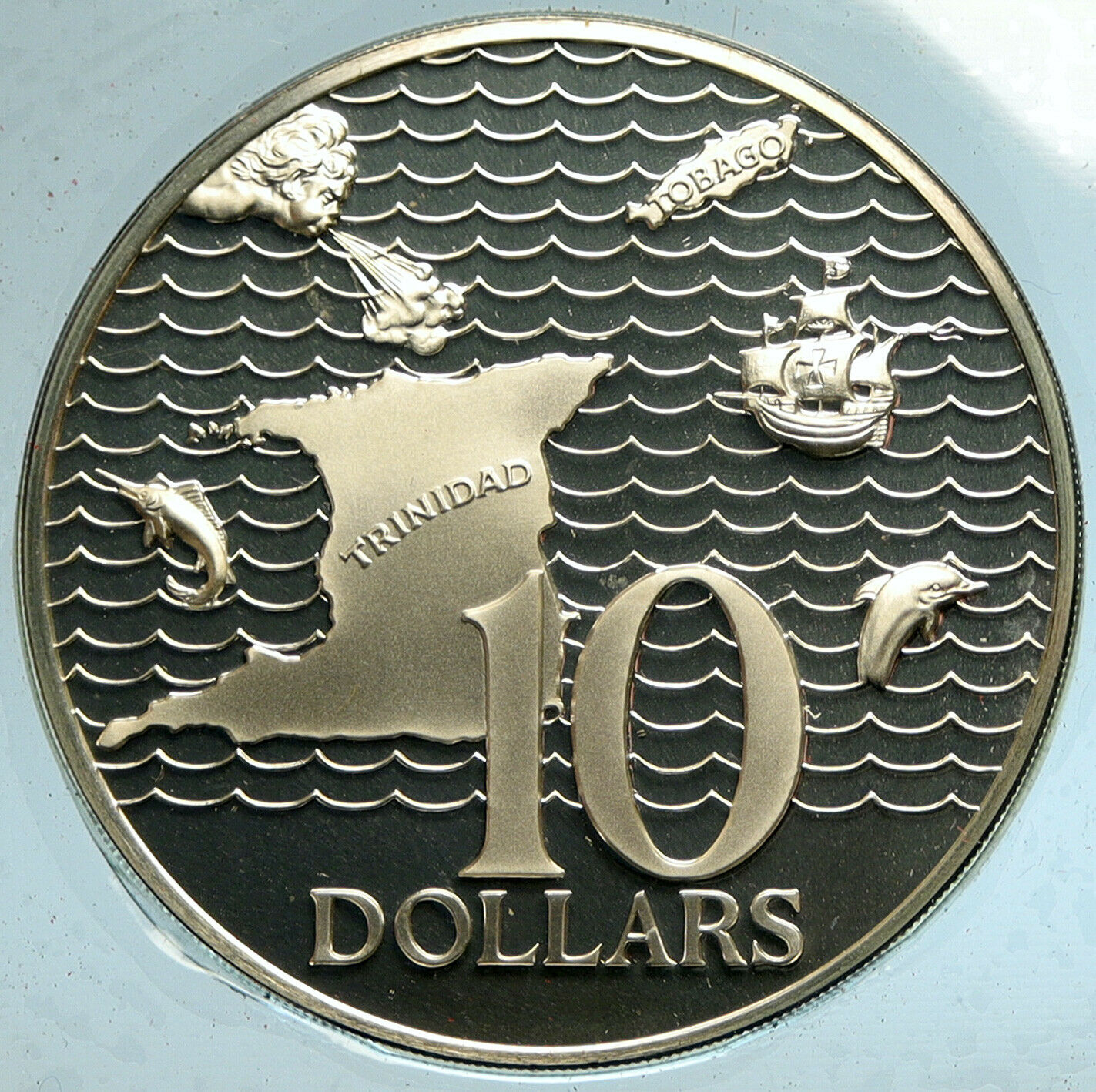 1974 TRINIDAD and TOBAGO Islands Large Vintage OLD Proof Silver $10 Coin i104918