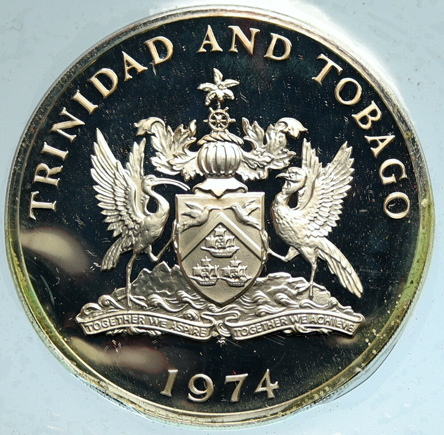 1974 TRINIDAD and TOBAGO Islands Large Vintage OLD Proof Silver $10 Coin i104918