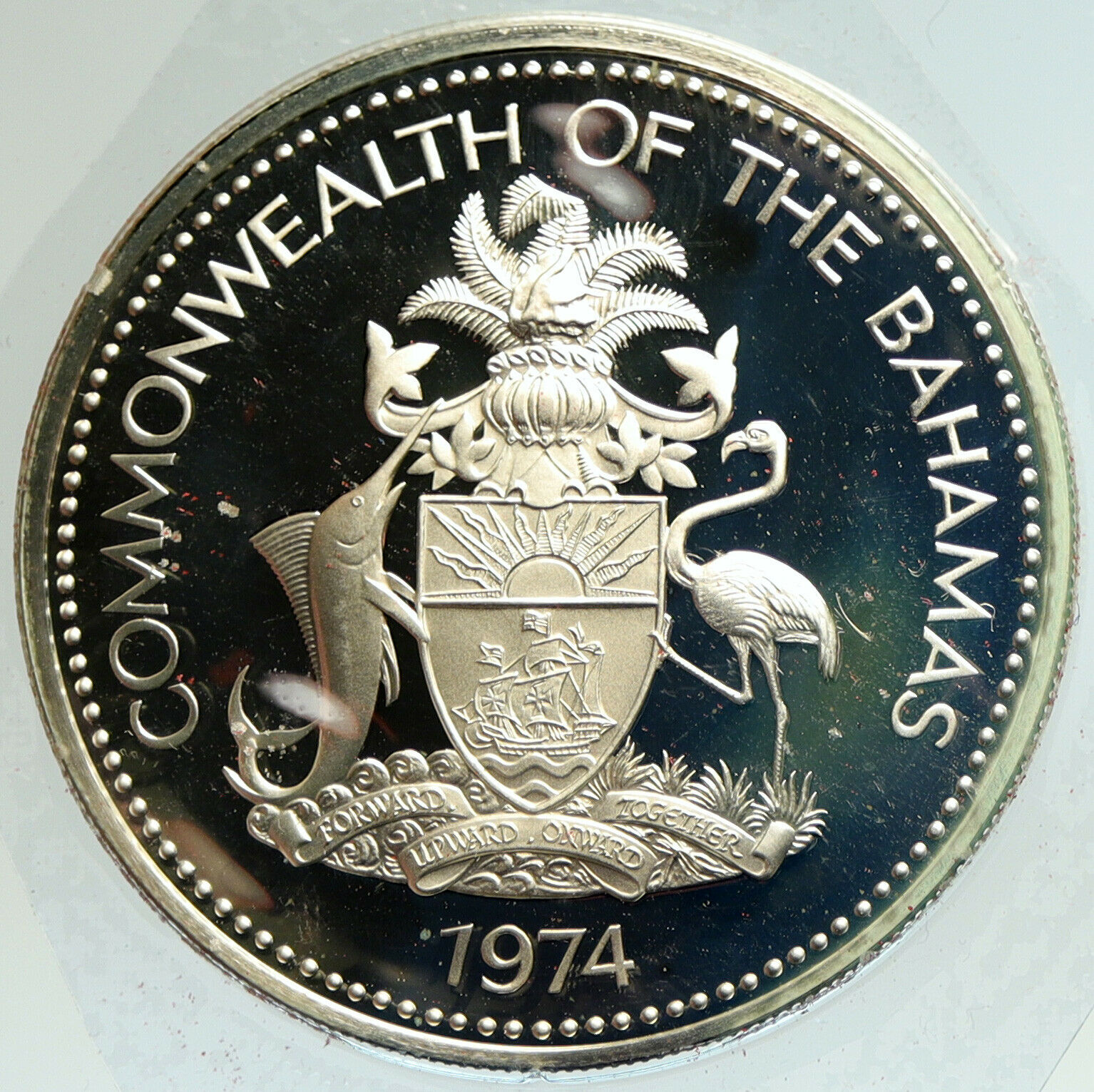 1974 BAHAMAS UK Queen Elizabeth II FLAG Old Proof Silver Coin $5 Coin i104922