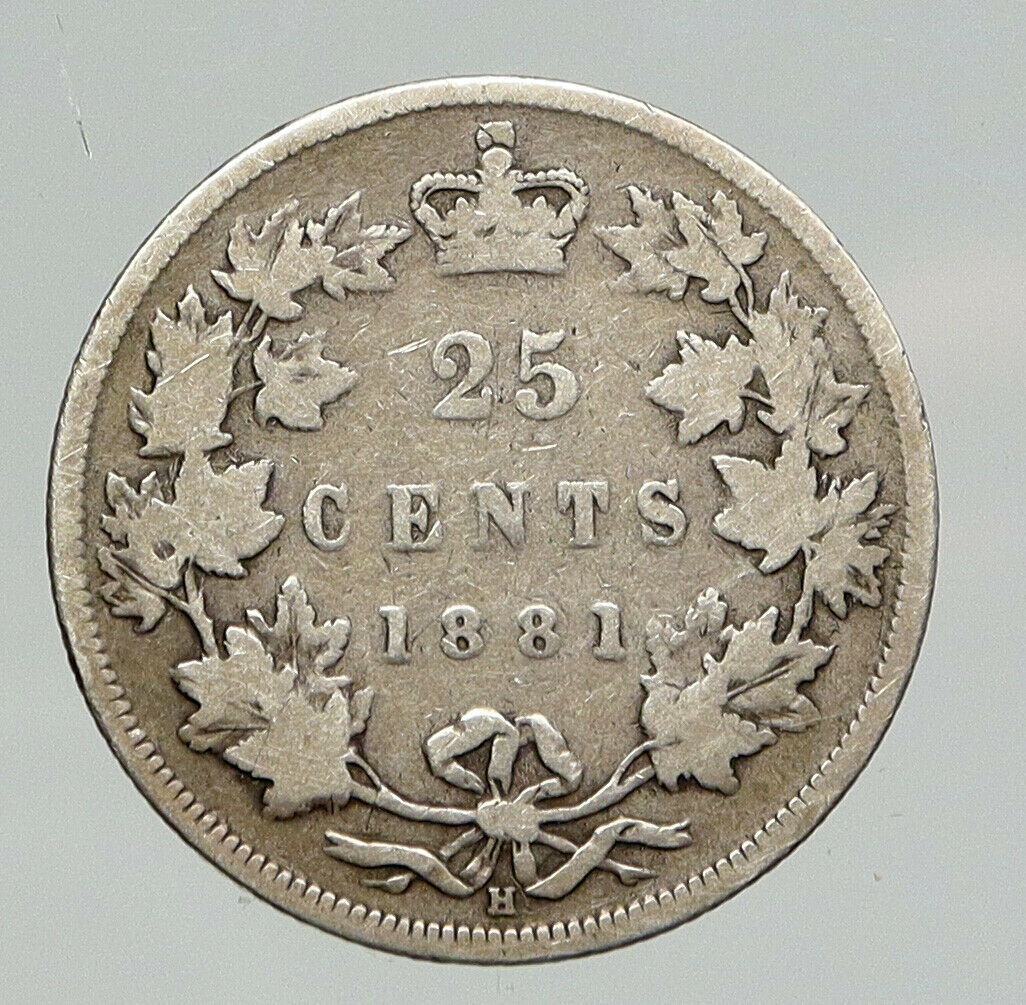 1881H CANADA UK Queen VICTORIA Authentic Antique OLD Silver 25 Cents Coin i91783