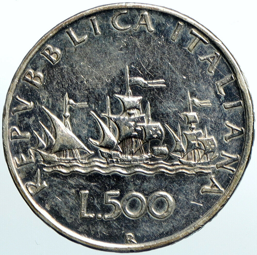 1966 ITALY CHRISTOPHER COLUMBUS Ship DISCOVER America SILVER 500 Lr Coin i101958