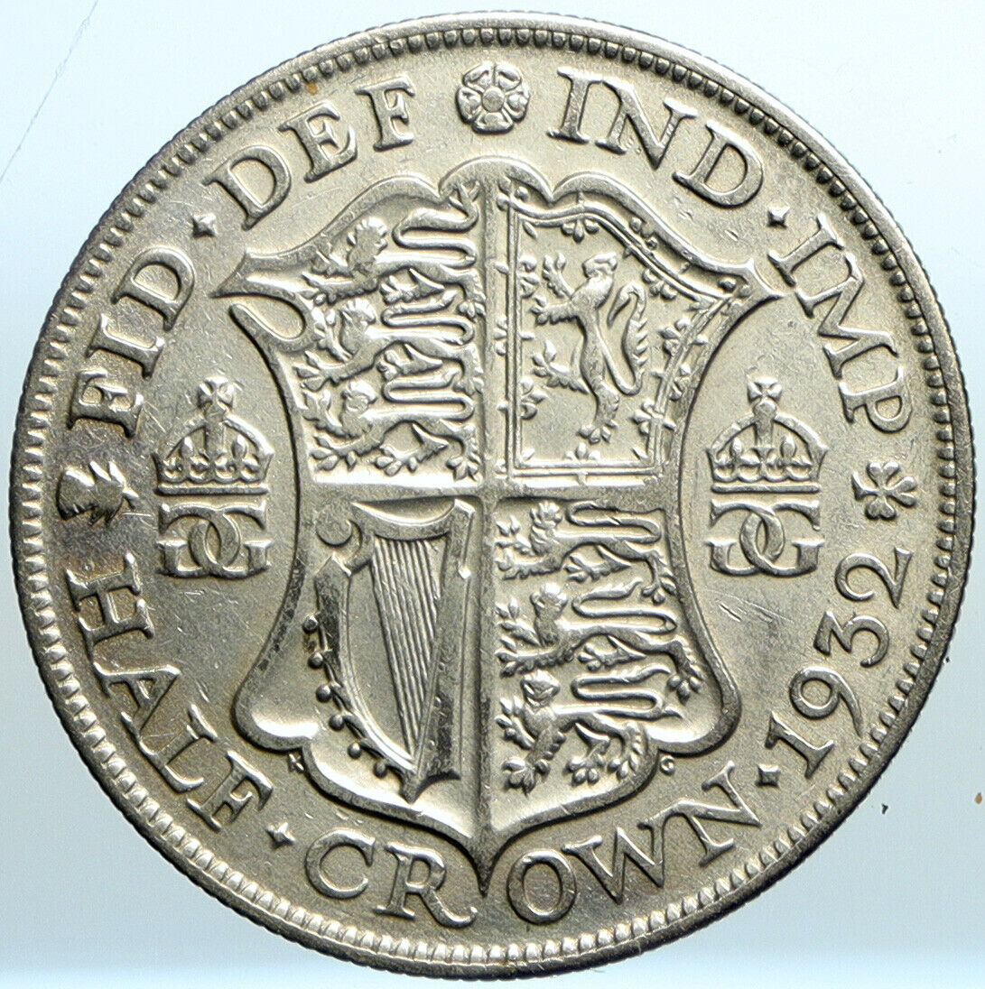 1932 Great Britain UK United Kingdom King George V SILVER 1/2 Crown Coin i101965
