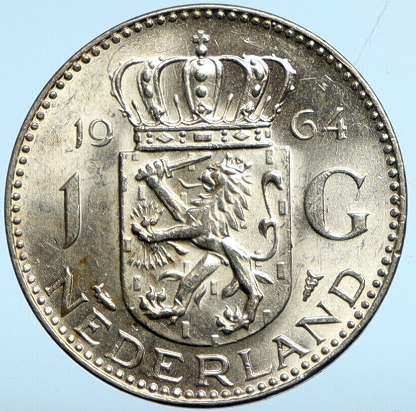 1964 NETHERLANDS ANTILLES Queen JULIANA Vintage SILVER OLD Gulden Coin i102060