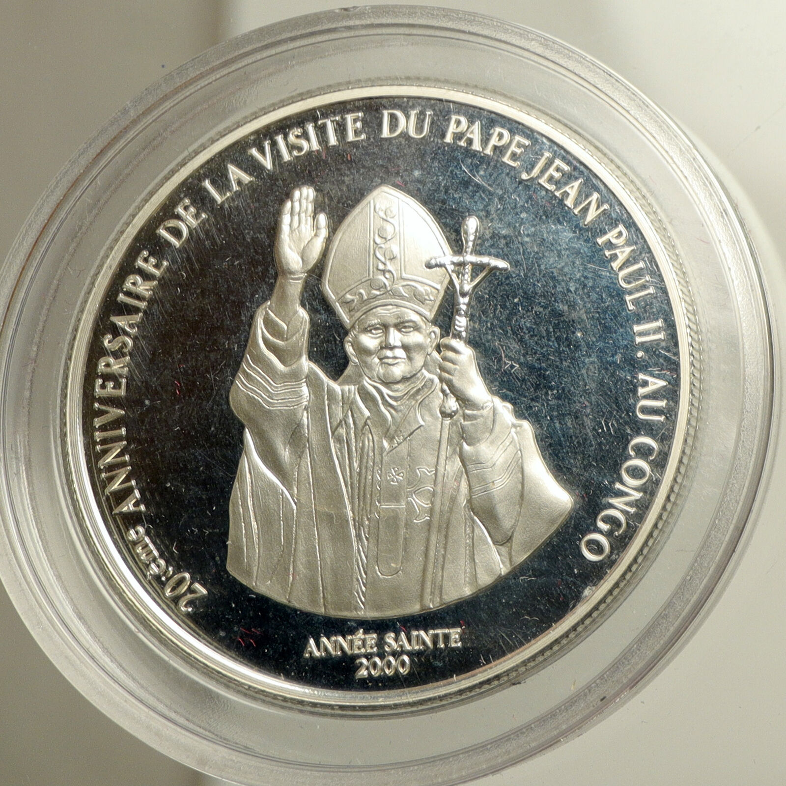 2000 CONGO Lion & POPE JOHN PAUL II Vintage Proof Silver 10 Francs Coin i102520