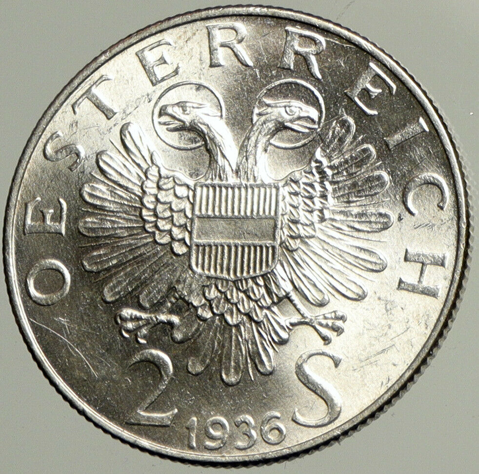 1936 AUSTRIA Prince EUGEN OF SAVOY Eagle VINTAGE Silver 2 Schilling Coin i102482