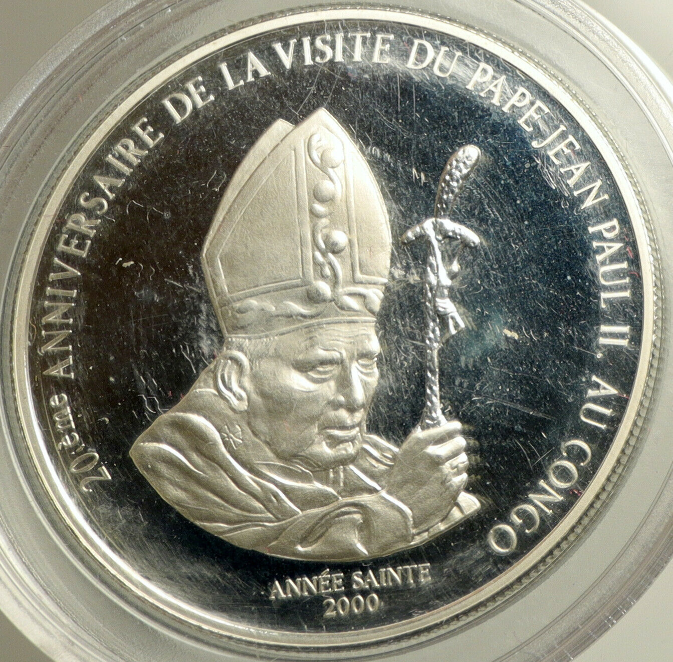 2000 CONGO Lion & POPE JOHN PAUL II Vintage Proof Silver 10 Francs Coin i102526