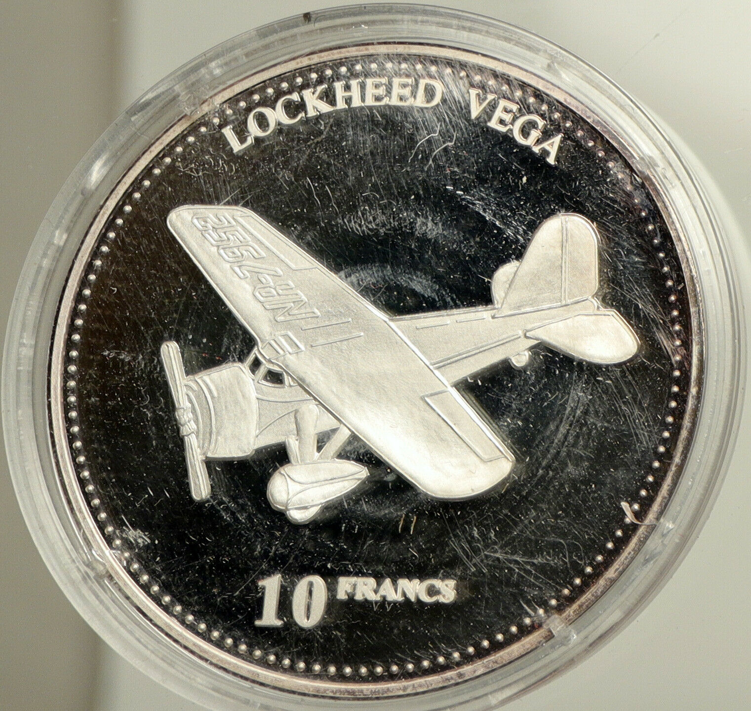 2001 CONGO Lockheed VEGA Airplane AVIATION Proof Silver 10 Francs Coin i102529