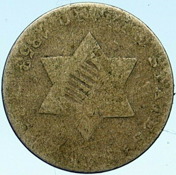 1853 USA US UNITED STATES Star Genuine Antique OLD Silver 3 Cent Coin i101010