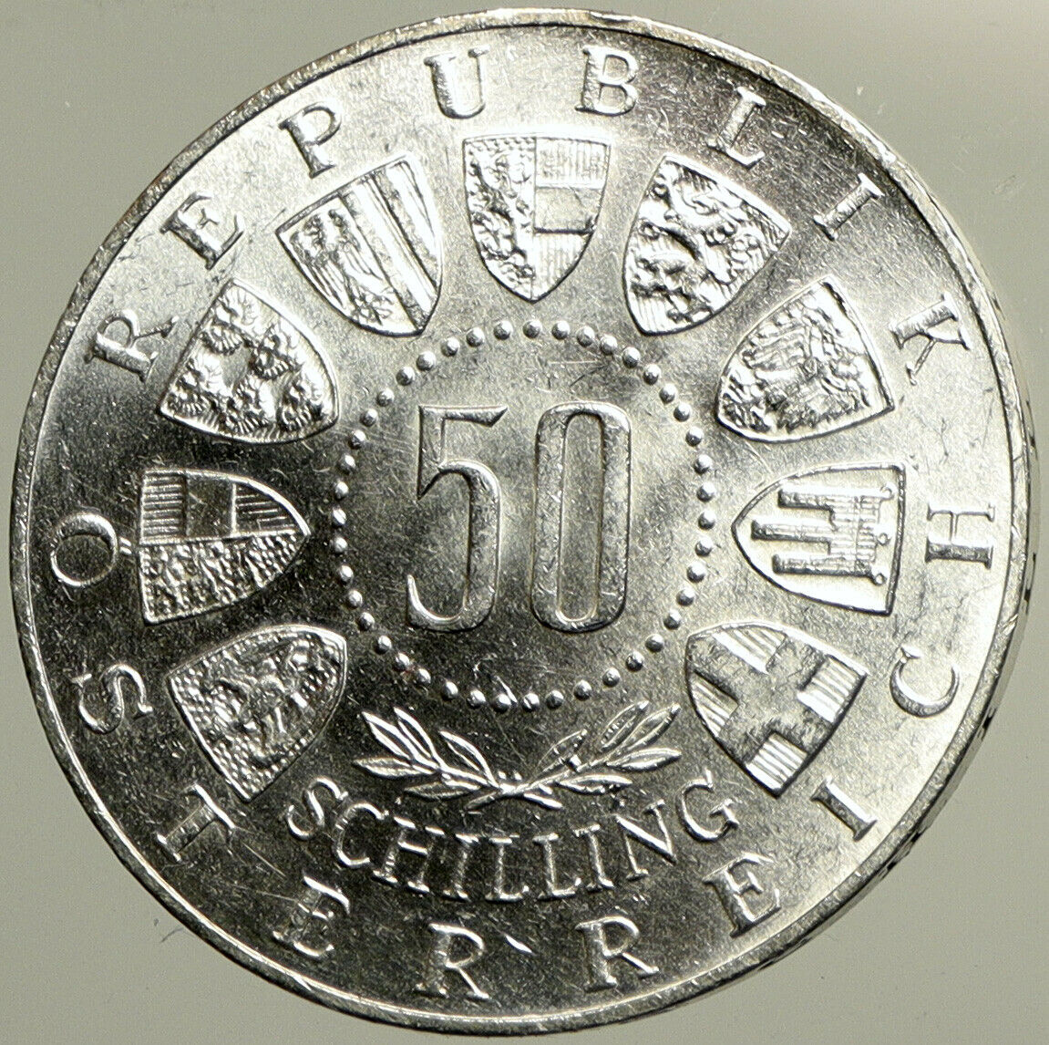 1964 AUSTRIA Innsbruck Winter Olympic Games SKIING BU Silver 50Shlg Coin i102472