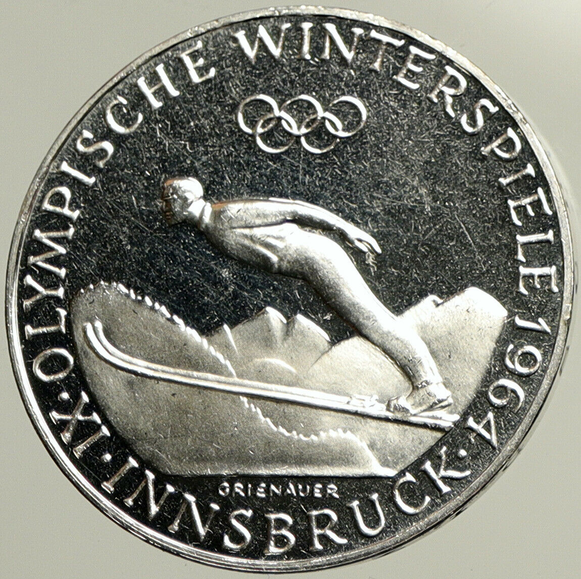 1964 AUSTRIA Innsbruck Winter Olympic Games SKIING PF Silver 50Shlg Coin i102464