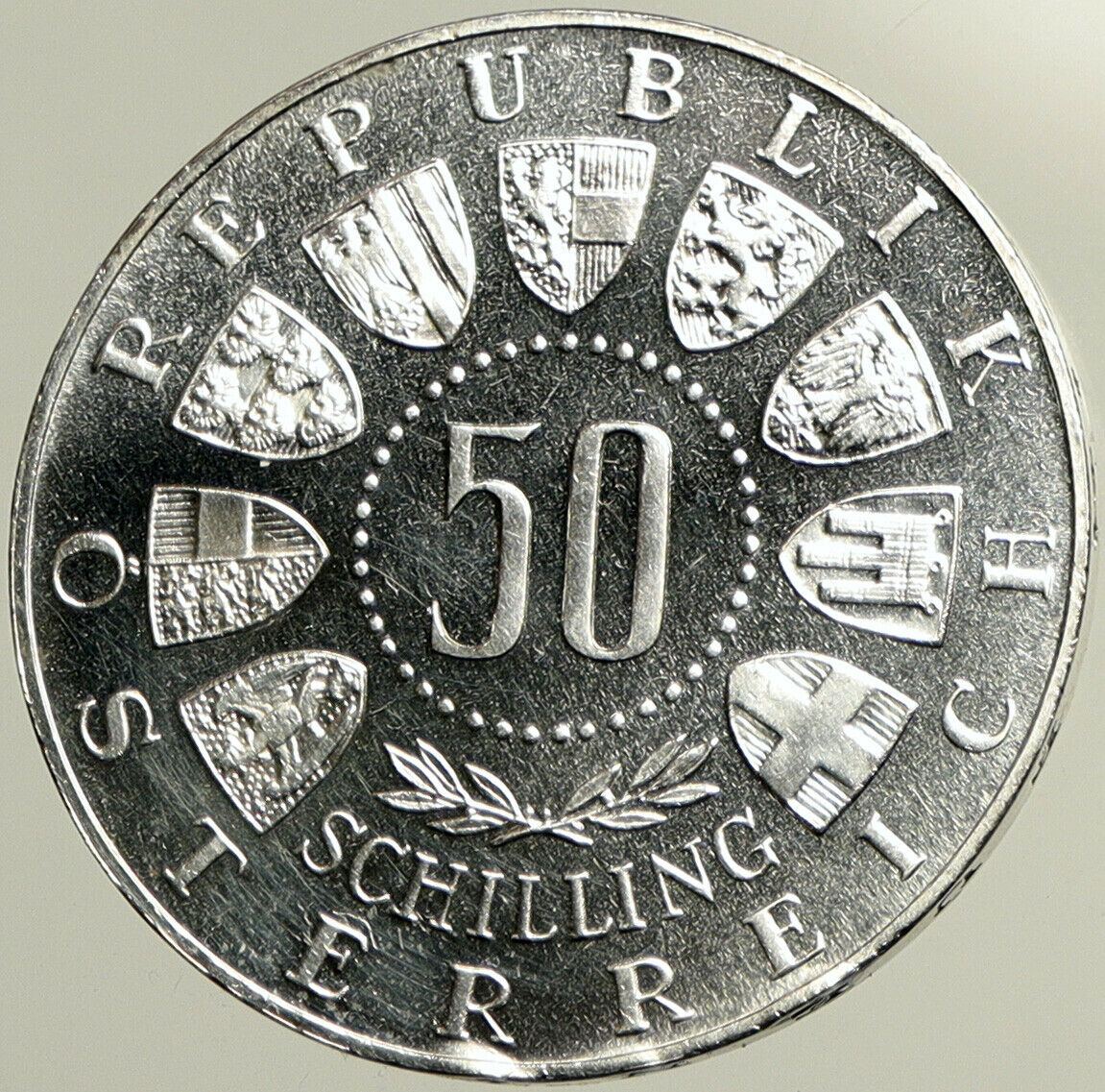 1964 AUSTRIA Innsbruck Winter Olympic Games SKIING PF Silver 50Shlg Coin i102464