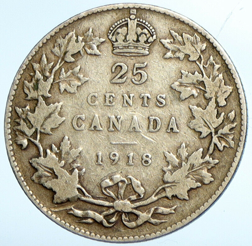 1918 CANADA UK King George V VINTAGE Antique RARE SILVER 25 CENTS Coin i101984