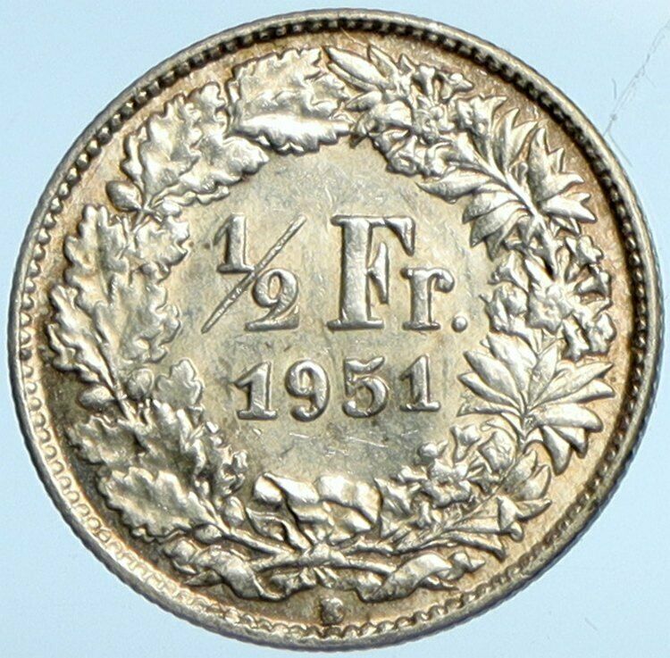 1951 B SWITZERLAND HELVETIA Symbolize SWISS Nation SILVER 1/2 Franc Coin i101987