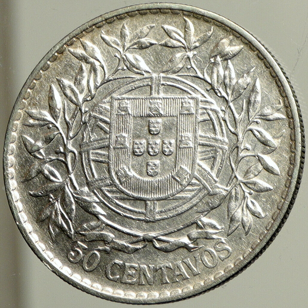 1913 PORTUGAL Antique BIG Silver 50 Centavos PORTUGUESE Coin w LIBERTY i102452