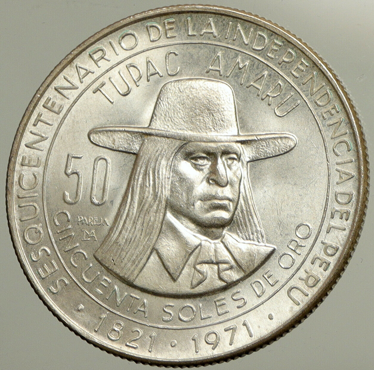 1971 PERU South America TUPAC AMARU Vintage OLD Silver 50 SOLES Coin i102455